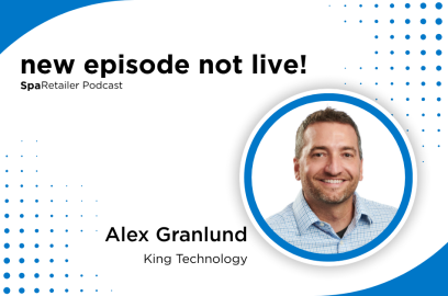 Promotional graphic for SpaRetailer Podcast featuring Alex Granlund from King Technology in a circular headshot against a blue and white design with dotted pattern