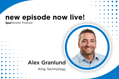 Promotional graphic for SpaRetailer Podcast featuring Alex Granlund from King Technology in a circular headshot against a blue and white design with dotted pattern
